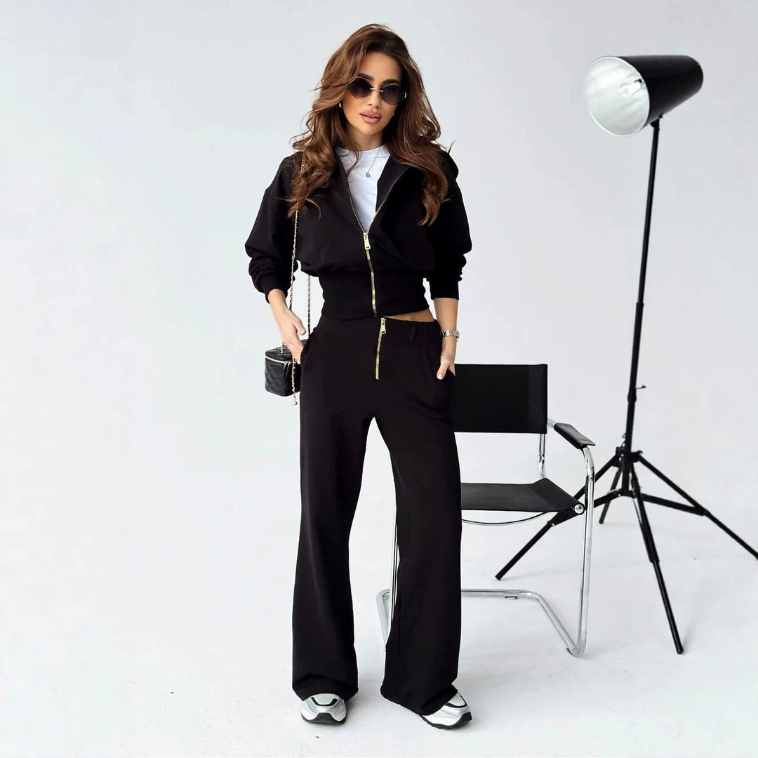 Damen tailliertes Zip-Hoodie und ausgestelltes High-Waist-Hose Lounge-Set Drune