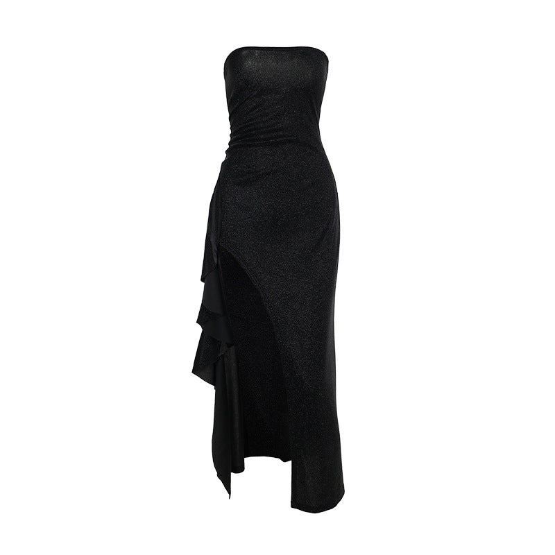 Damen elegantes schulterfreies Abendkleid mit asymmetrischem Volant Drune