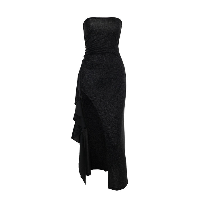 Damen elegantes schulterfreies Abendkleid mit asymmetrischem Volant Drune