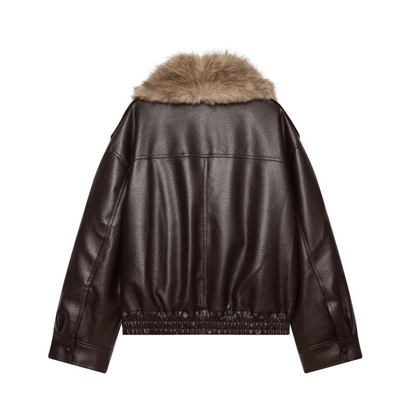 Damen Kurz geschnittene Lederjacke mit vollem Pelzkragen und elastischem Saum Drune