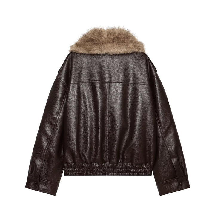 Damen Kurz geschnittene Lederjacke mit vollem Pelzkragen und elastischem Saum Drune