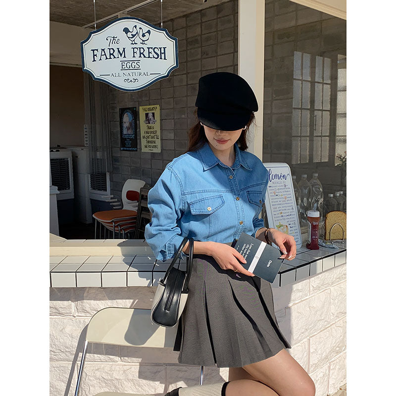 Damen lässige Denim-Hemdjacke mit aufgesetzten Taschen Drune