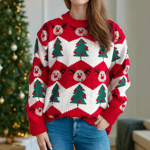 Damen Weihnachtspullover mit festlichem Rentier- und Weihnachtsbaum-Motiv Drune