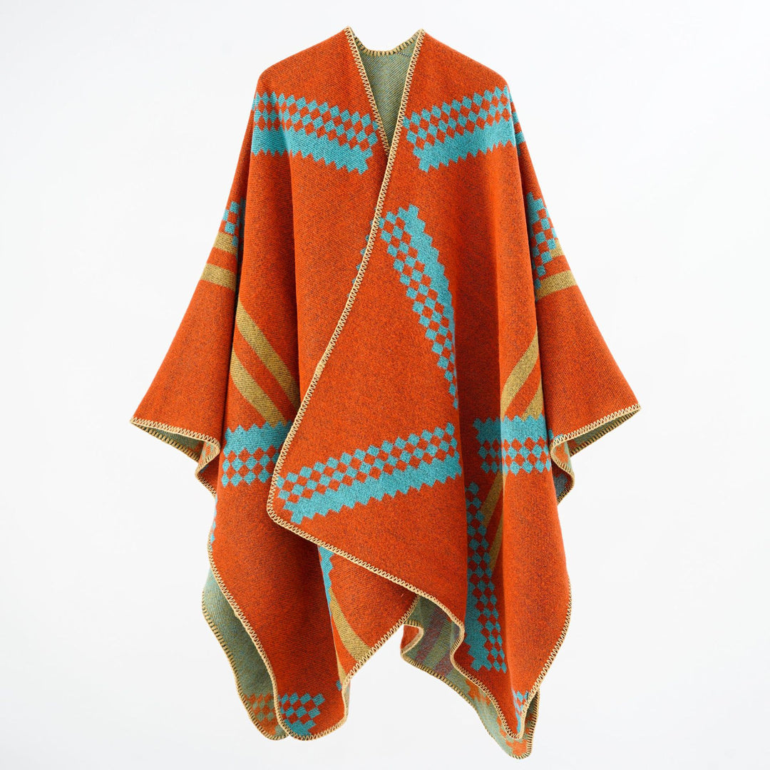 Damen Oversize-Umhangponcho aus Wollmix mit geometrischem Jacquard und Ziernaht Drune