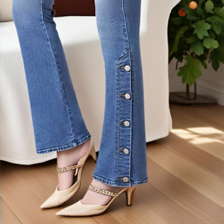 Damen Bootcut Jeans mit dekorativen Knopfdetails Drune