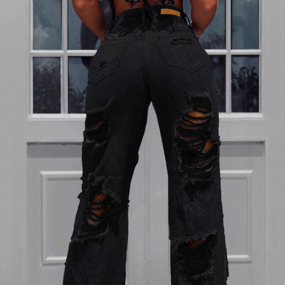 Damen hochtaillierte Destroyed-Jeans mit weitem Bein und großen Knie-Rissen Drune