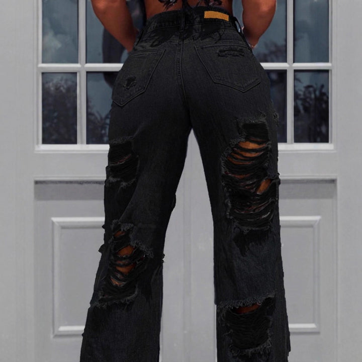 Damen hochtaillierte Destroyed-Jeans mit weitem Bein und großen Knie-Rissen Drune
