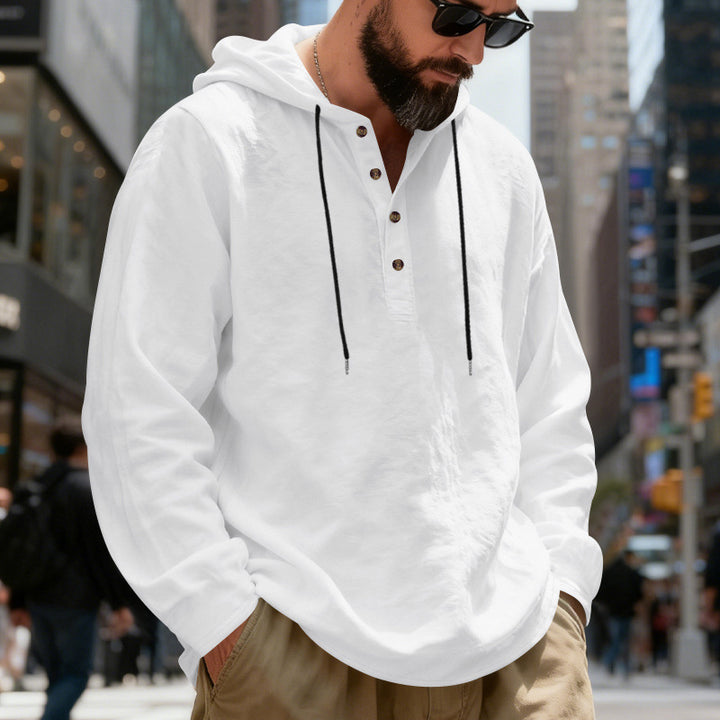 Herren nan leichter Kapuzenshirt mit Knopfleiste aus Leinenmischung und entspanntem Schnitt Drune