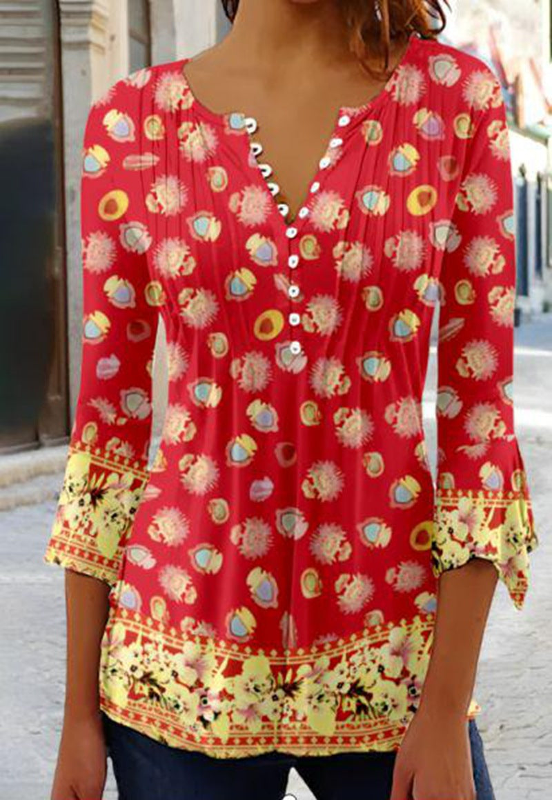 Damen nan leichte Boho-Bluse mit V-Ausschnitt, Zierfalten, Knopfleiste und dreiviertelärmeln Drune