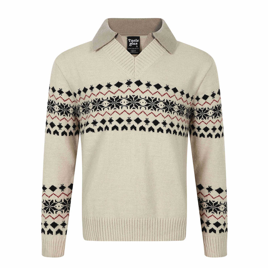 Herren Norweger-Strickpullover mit V‑Ausschnitt und kontrastierendem Hemdkragen Drune