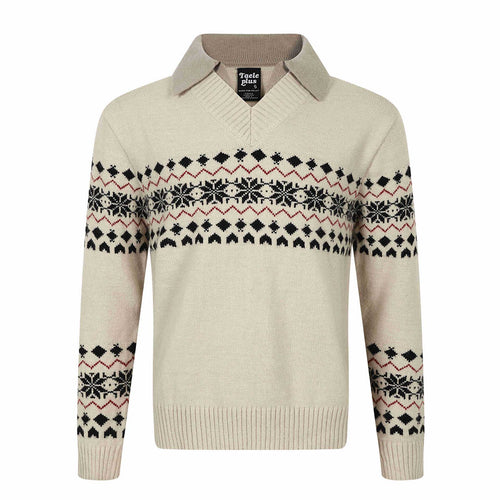 Herren Norweger-Strickpullover mit V‑Ausschnitt und kontrastierendem Hemdkragen Drune