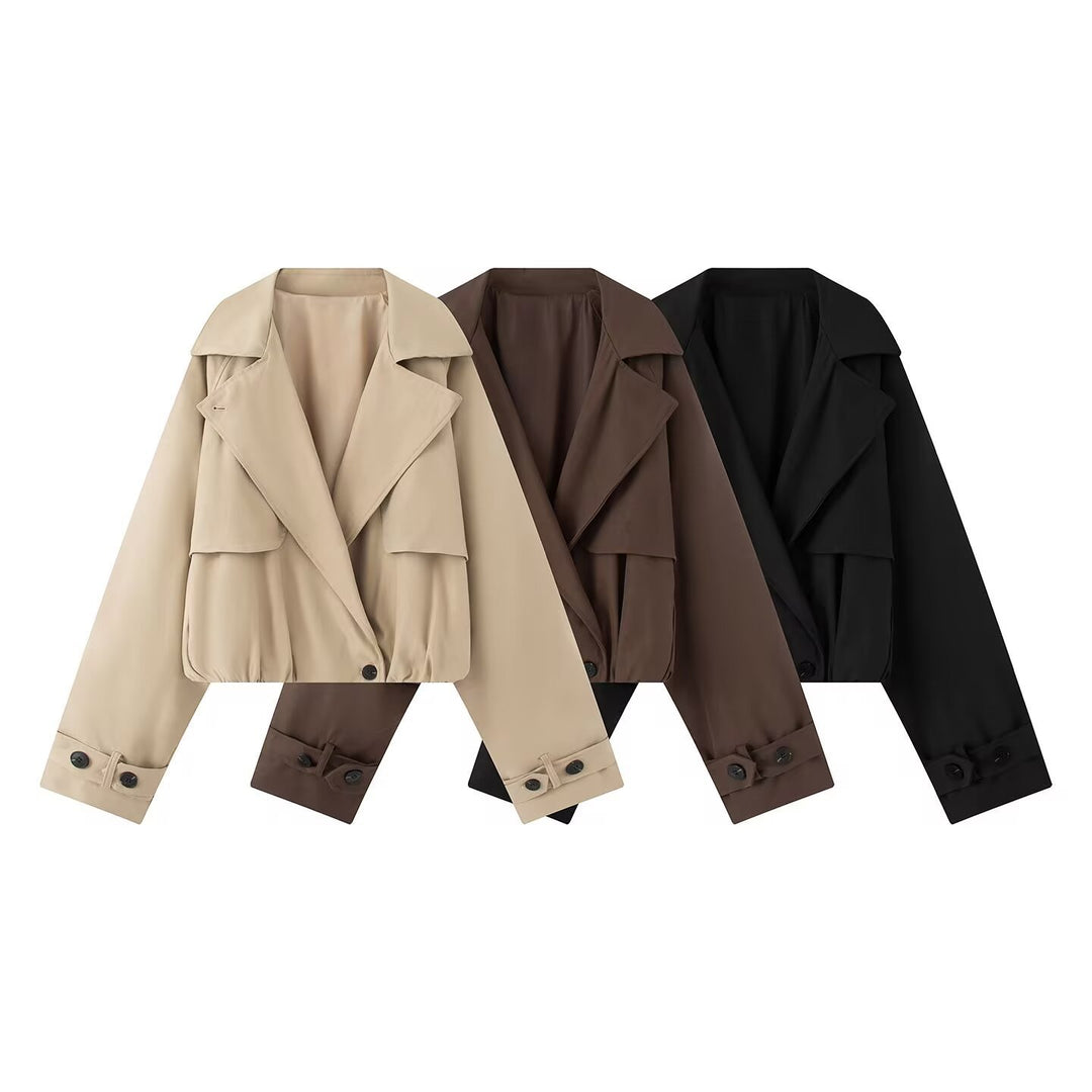 Damen Kurzer Trench-Style Blouson mit verdeckter Knopfleiste und Tunnelzugsaum Drune