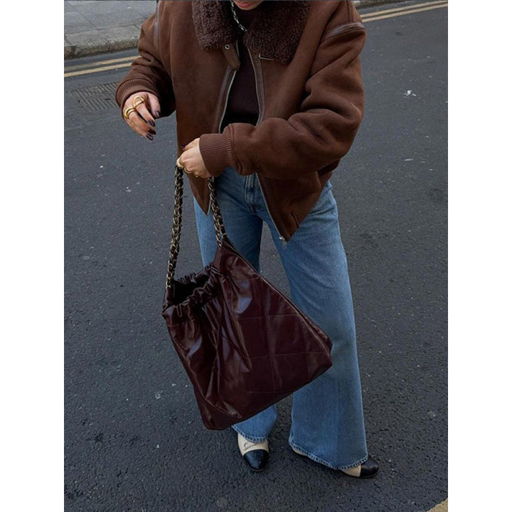 Damen Modische Lammfelljacke mit trendigem Kragen Drune