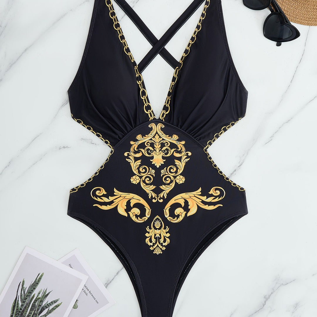 Damen Einteiler Badeanzug mit elegantem Muster und schimmernden Details Drune