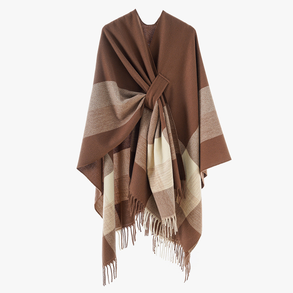 Damen Cape‑Poncho aus Wollmix mit Schlitzgürtel, geometrischem Jacquard und Fransensaum Drune