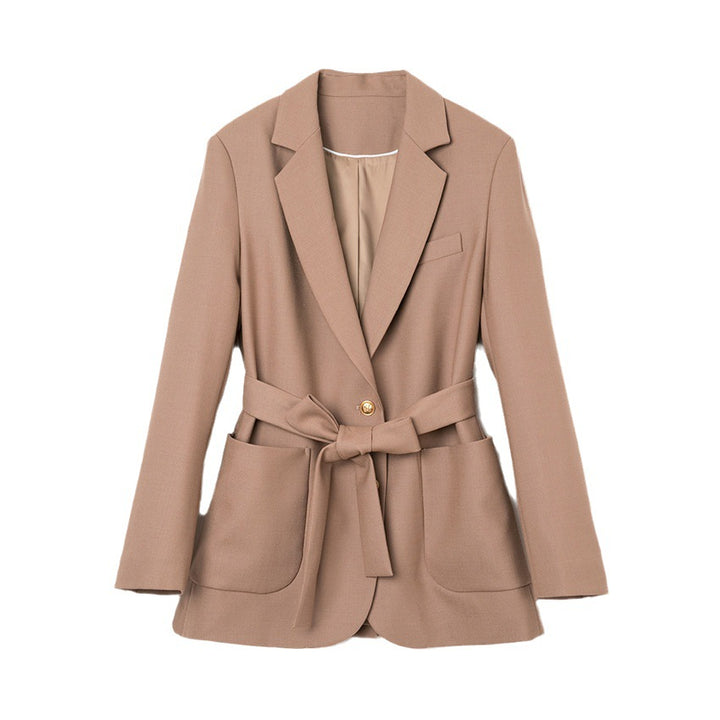 Damen Taillierter Mantelblazer mit Bindegürtel, Pattentaschen und Reverskragen Drune