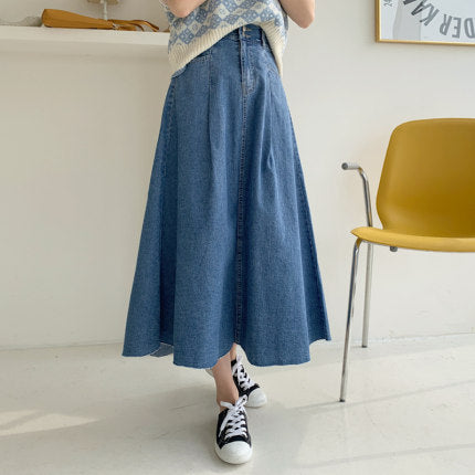 Damen Langer Jeans-Culotte-Rock mit hoher Taille, kastiger A-Linien-Silhouette und Eingrifftaschen Drune