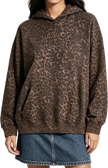 Damen Oversize-Kapuzenpullover mit Leomuster, Kängurutasche und überschnittener Schulter Drune