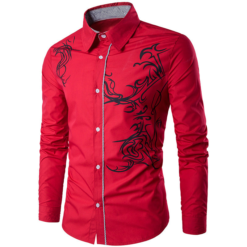 Herren nan figurbetontes Hemd mit Tribal-Print, verdeckter Knopfleiste und Kontrastkragen Drune