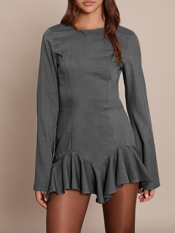 Damen Figurbetontes Langarm-Minikleid mit taillierten Nähten und Volant-Saum Drune