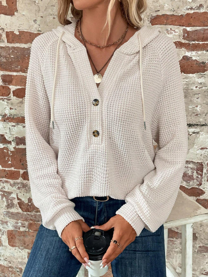 Damen Waffelstrick Kapuzenpullover mit Knopfleiste und Rüschenkragen Drune