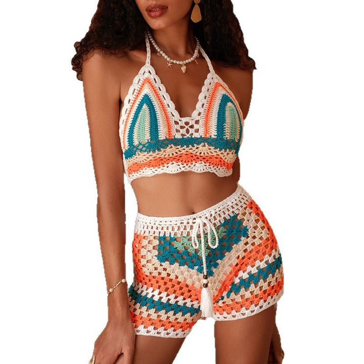 Damen gehäkeltes Bikini-Set mit angesagtem Crop-Top und lässigen Shorts Drune