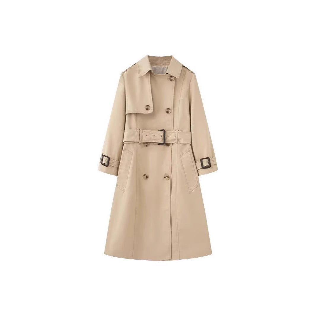 Damen Langer taillierter Trenchcoat mit doppelreihiger Knopfleiste, Taillengürtel und Ärmelriegel Drune