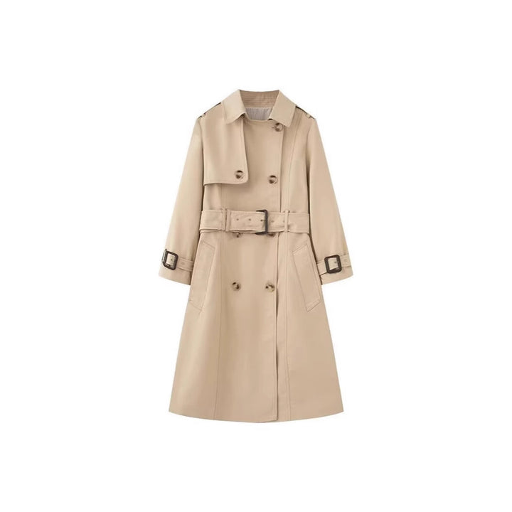 Damen Langer taillierter Trenchcoat mit doppelreihiger Knopfleiste, Taillengürtel und Ärmelriegel Drune