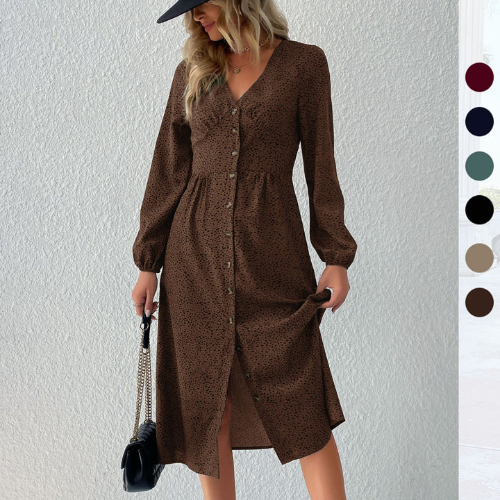 Damen V‑Ausschnitt Midikleid mit Knopfleiste, taillierter Schnitt und Ballonärmeln Drune