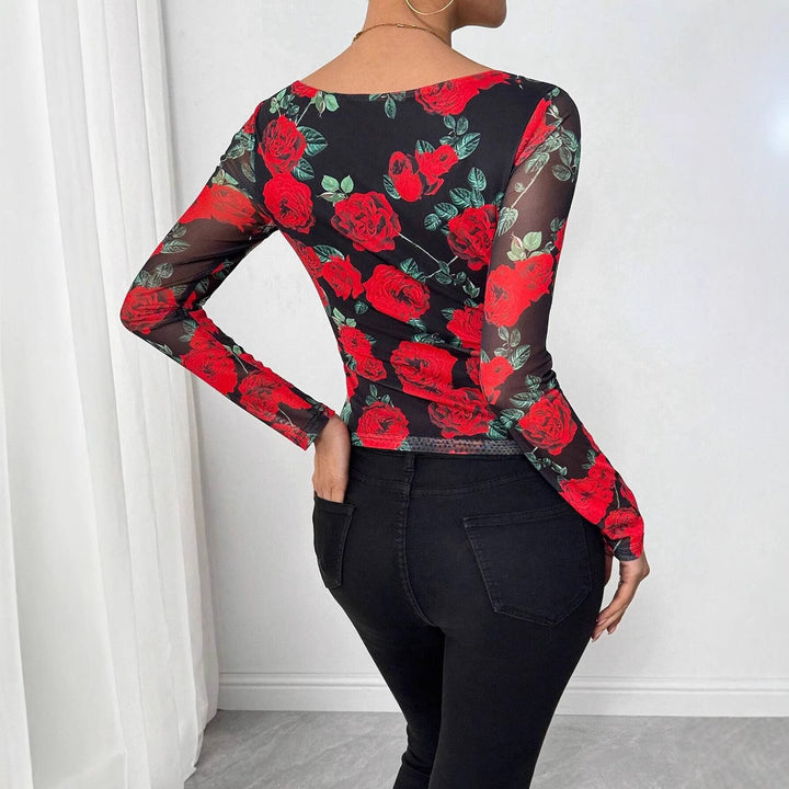 Damen nan figurnahes Stretchshirt mit quadratischem Ausschnitt, feiner Meshstruktur und großflächigem Rosenprint Drune