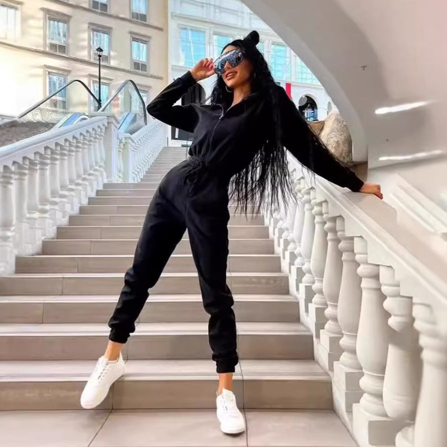 Damen Jumpsuit mit hohem Kragen und elastischem Bund Drune