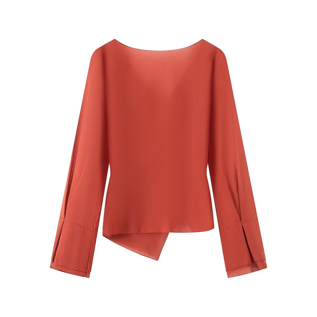 Damen Wickelbluse mit asymmetrischer Vorderseite, V‑Ausschnitt und Bindegürtel Drune