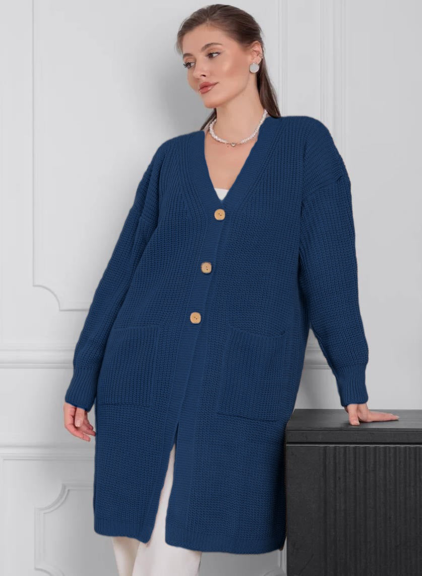 Damen Grobstrick-Cardigan mit schlichten Holzknöpfen und praktischen Taschen Drune