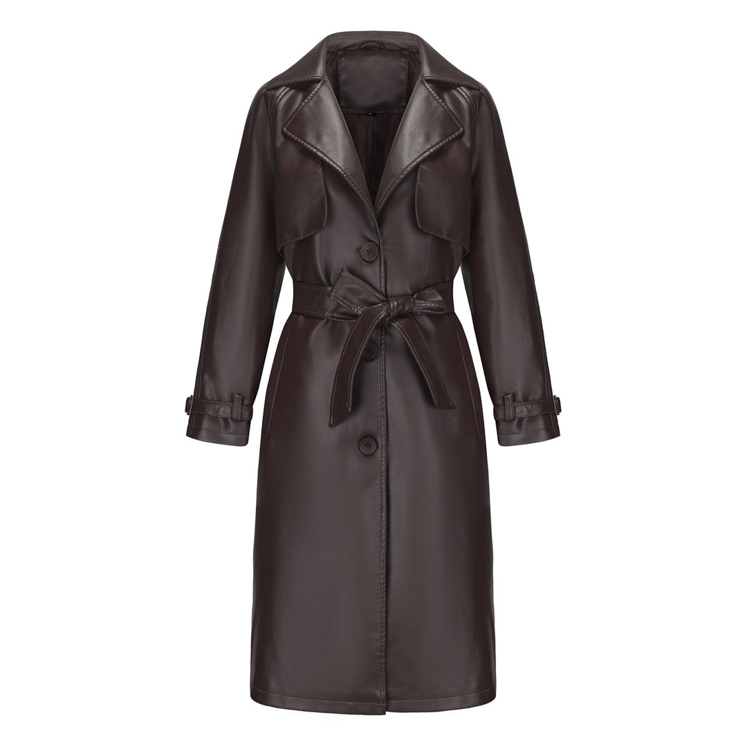 Damen nan langer taillierter Kunstleder-Trenchcoat mit Bindegürtel Drune