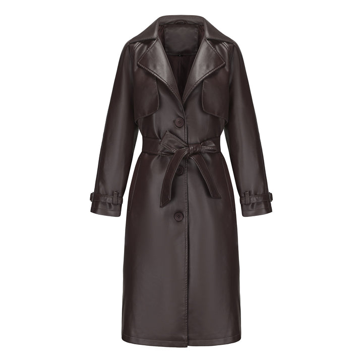 Damen nan langer taillierter Kunstleder-Trenchcoat mit Bindegürtel Drune