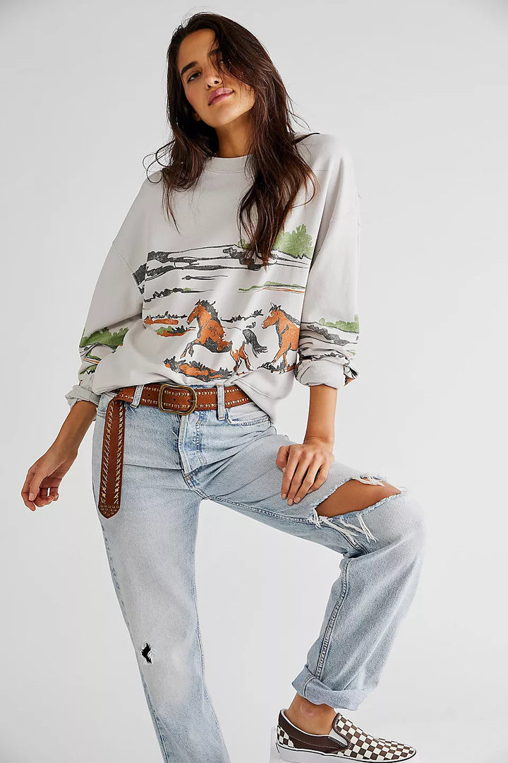 Damen Sweatshirt mit kreativer Pferdemotiv-Grafik und lässigem Schnitt Drune