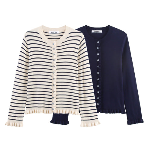 Damen Feiner Strickcardigan mit Rüschenblende und Perlmuttknöpfen Drune