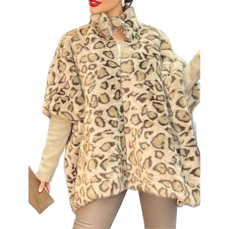 Damen Elegante Plüschjacke mit Leopardenmuster und hohem Kragen Drune