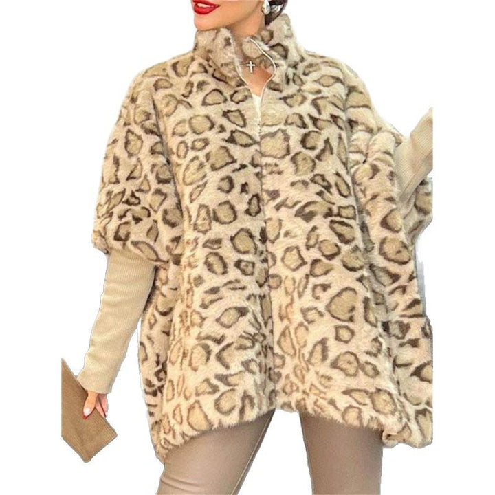 Damen Elegante Plüschjacke mit Leopardenmuster und hohem Kragen Drune