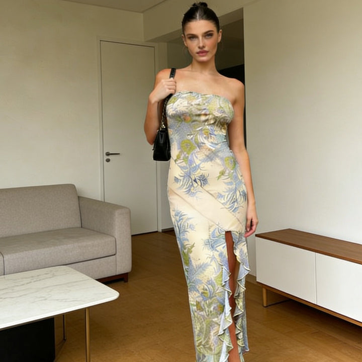 Damen Strapless Maxikleid mit Rüschen und floralem Muster Drune
