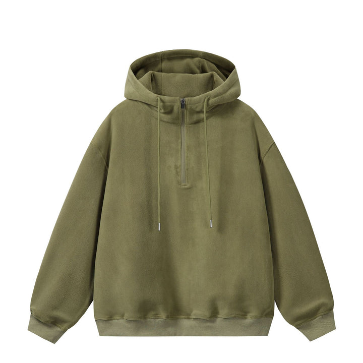 Unisex Oversize Fleece-Halbzip-Kapuzenpullover mit Kordelzug und Rippbündchen Drune
