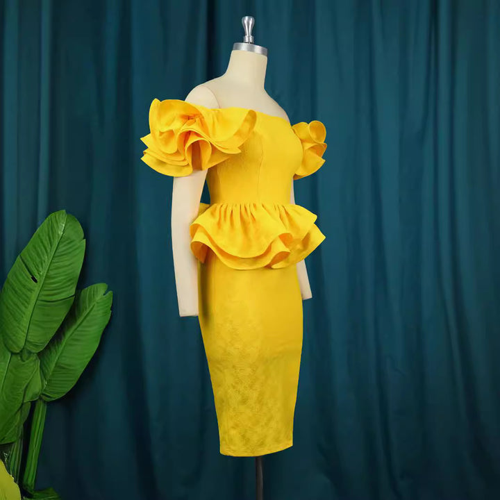 Damen figurbetontes Cocktailkleid mit voluminösen Rüschenärmeln Drune