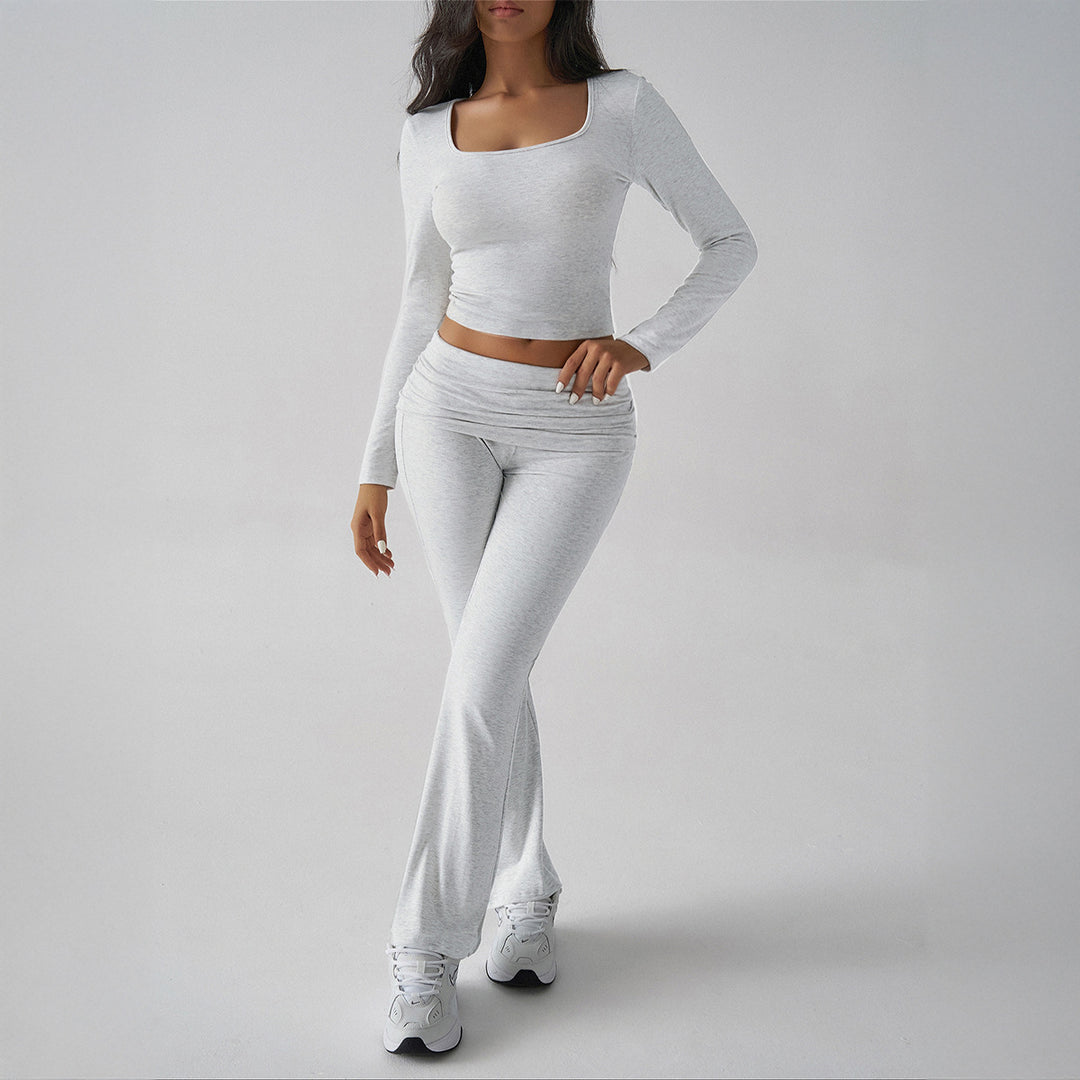 Damen nan figurbetontes Cropped-Set mit langärmeligem Top mit quadratischem Ausschnitt und ausgestellter High‑Waist Yoga-Hose Drune