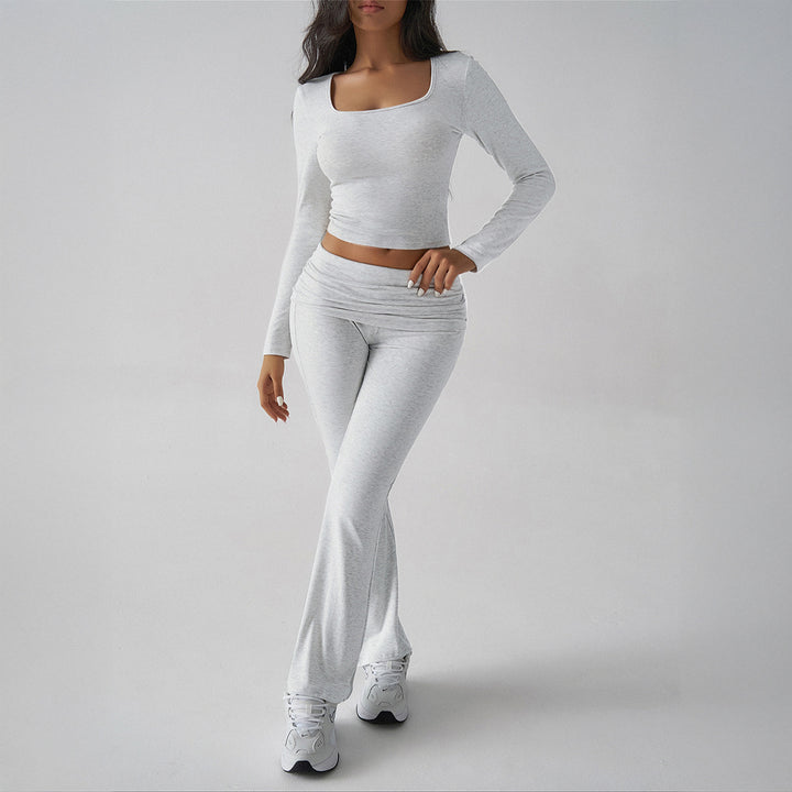 Damen nan figurbetontes Cropped-Set mit langärmeligem Top mit quadratischem Ausschnitt und ausgestellter High‑Waist Yoga-Hose Drune