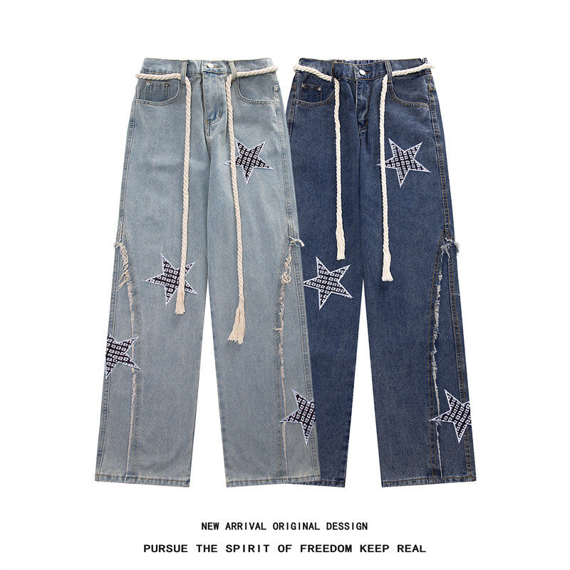 Damen Weite High‑Waist Denimhose mit Stern‑Applikationen, Fransen‑Seitenschlitzen und Kordelbund Drune