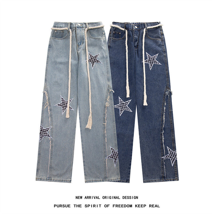 Damen Weite High‑Waist Denimhose mit Stern‑Applikationen, Fransen‑Seitenschlitzen und Kordelbund Drune