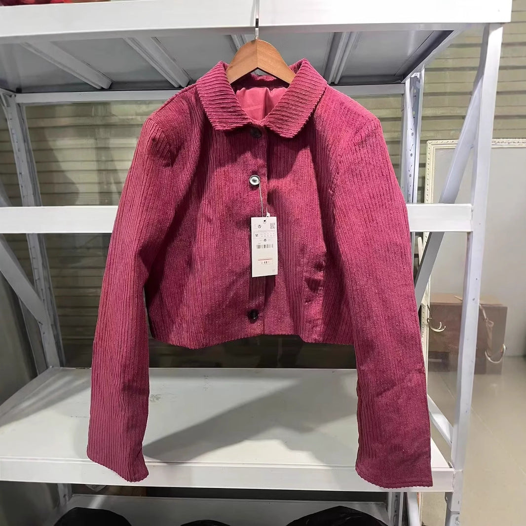 Damen nan kurze Cordjacke mit Hemdkragen, taillenlanger Boxy-Schnitt und durchgängiger Knopfleiste Drune