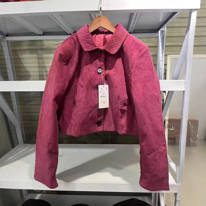 Damen nan kurze Cordjacke mit Hemdkragen, taillenlanger Boxy-Schnitt und durchgängiger Knopfleiste Drune