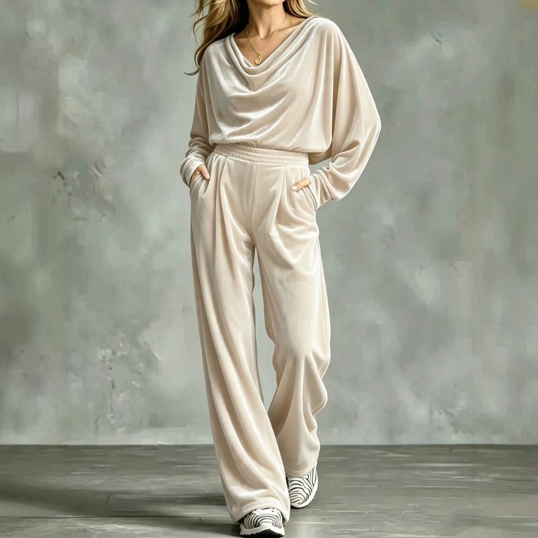 Damen Samt-Loungewear-Set mit Wasserfallkragen, weitem Palazzo-Schnitt und Eingrifftaschen Drune