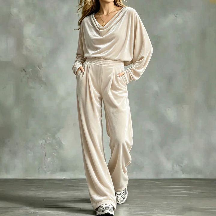 Damen Samt-Loungewear-Set mit Wasserfallkragen, weitem Palazzo-Schnitt und Eingrifftaschen Drune